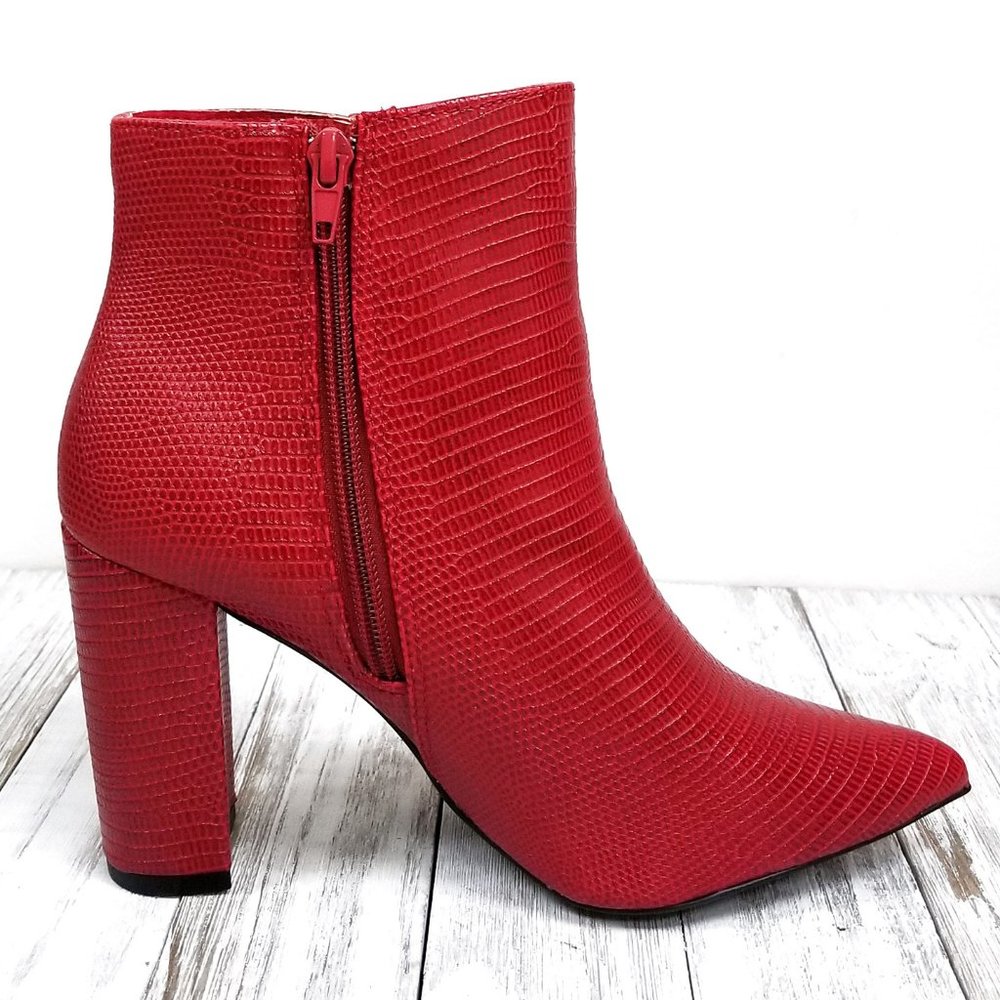 New Red Snake Chunky Heel Point Toe Booties Boots - Picture 3 of 4